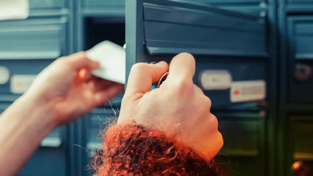 A person leaves a piece of postal mail inside their mailbox situated in what appears to be an apartment mailroom.