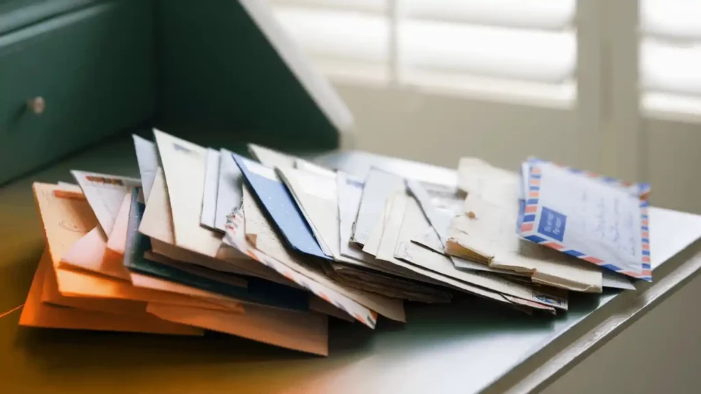 A pile of letters and mail items on the table.