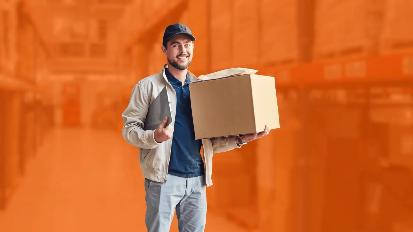 Man wearing a blue collared shirt, beige jacket, and blue cap carrying a box and a clipboard