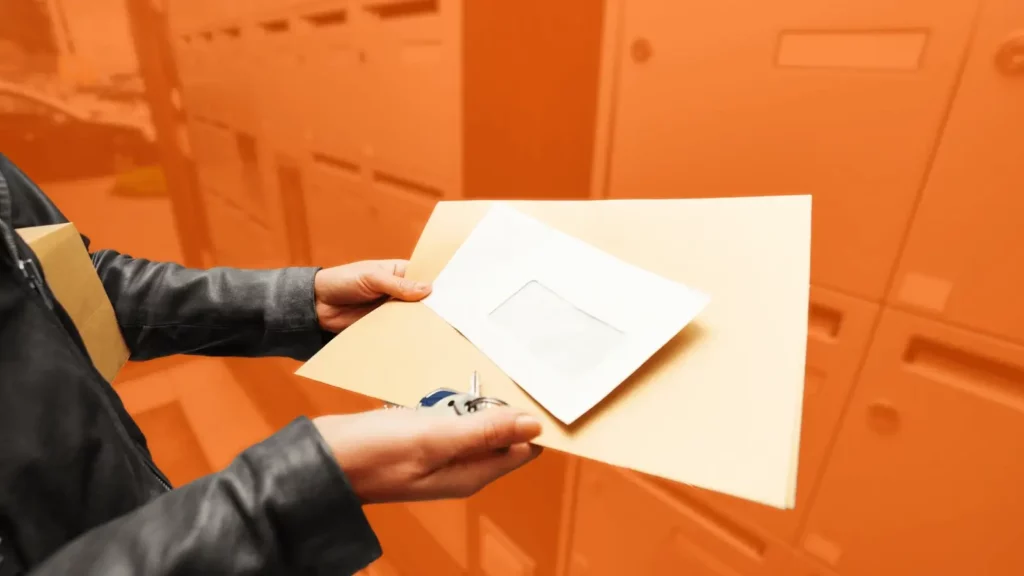 Person in a mailroom wearing a leather jacket holding two pieces of postal mail in different-sized envelopes.