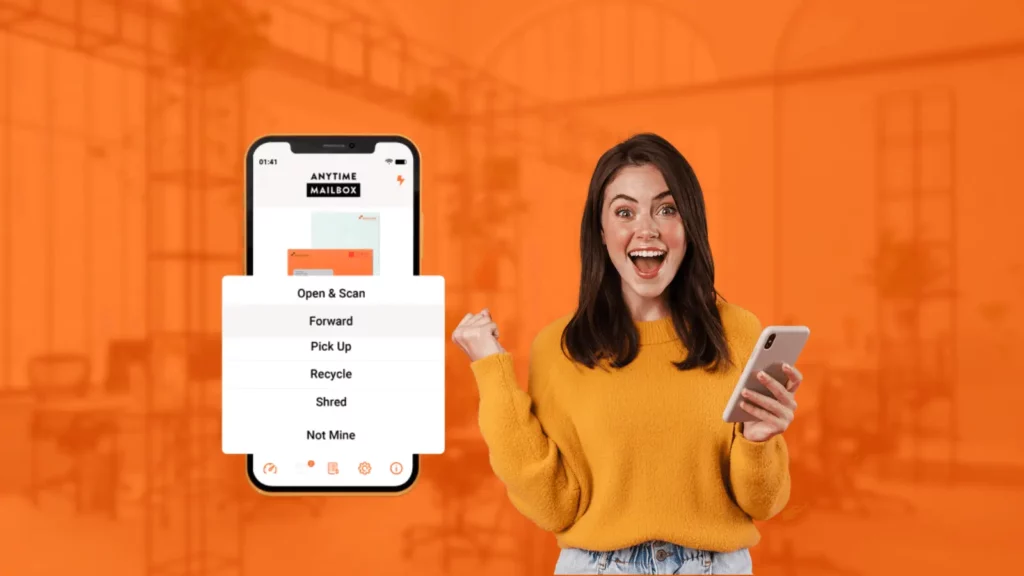 A woman with an excited expression makes a fist out of joy while holding her phone on the other hand. Beside her is a phone depicting the Anytime Mailbox app and showcasing its main features: open & scan, forward, pick up, recycle, and shred. 