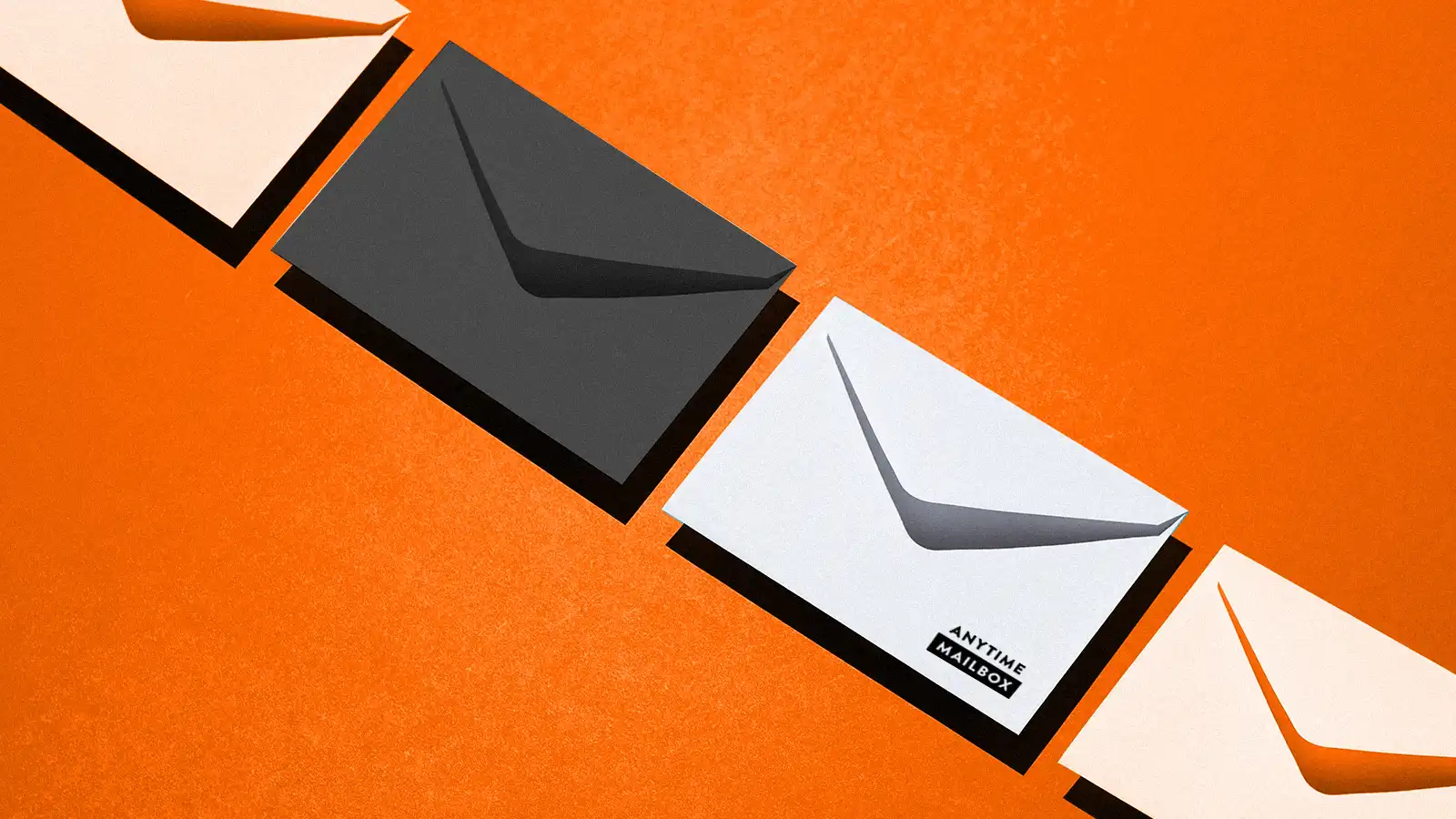 A line of envelopes in beige, black, and white. The white envelope says Anytime Mailbox to the lower right.