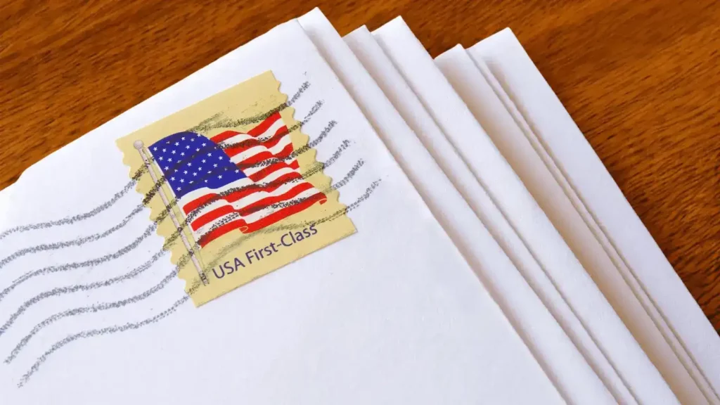 A stack of envelopes, with the top showing a USA First-Class stamp.