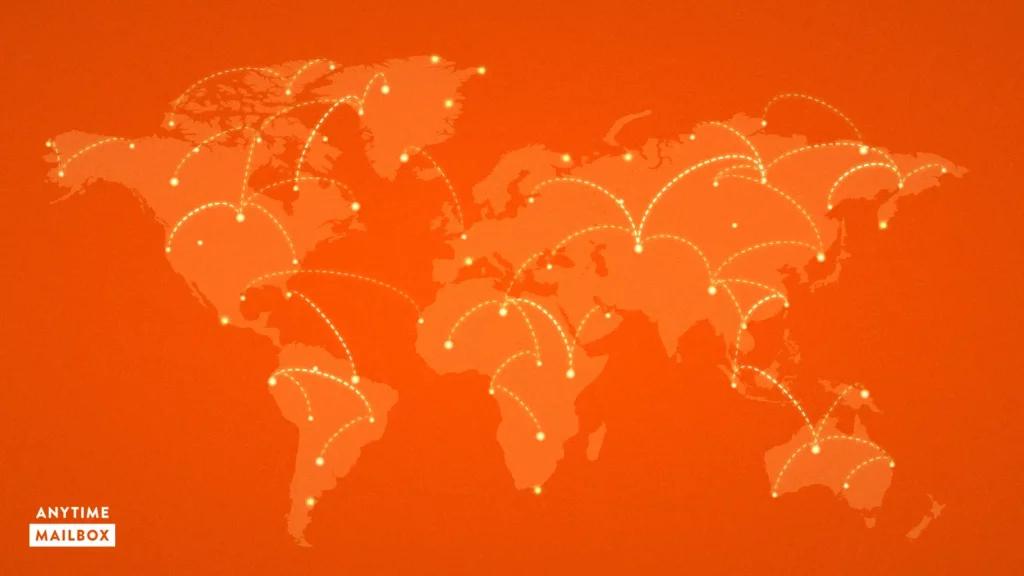 An edited graphic of an orange world map depicting Anytime Mailbox locations, dotted lines connect the points on the map. 