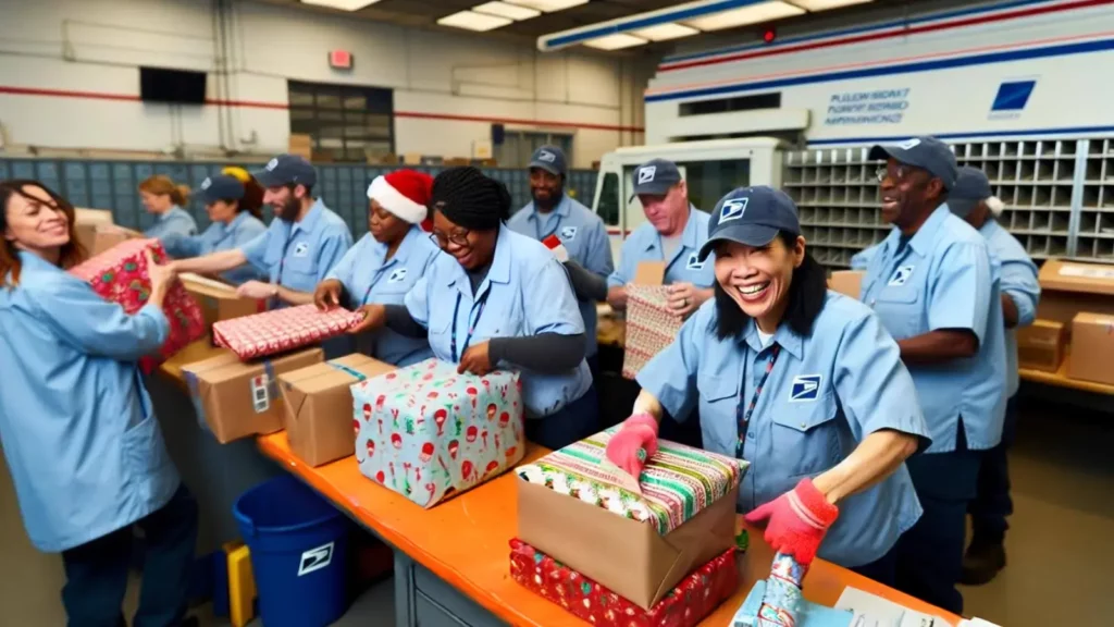 Post office with smiling employees handling gift-wrapped boxes and packages.