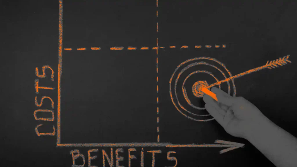 A chalkboard with a graph drawing. An upright light labeled Costs meets a horizontal line named Benefits. A hand to the right shows a target with arrow.