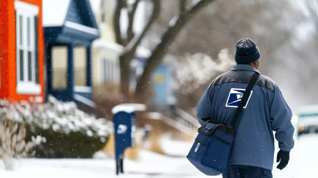 Postman walking outside on a snowy day.